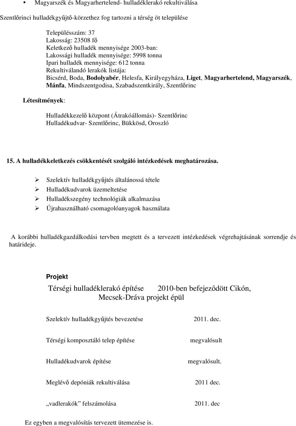 Magyarhertelend, Magyarszék, Mánfa, Mindszentgodisa, Szabadszentkirály, Szentl rinc Hulladékkezel központ (Átrakóállomás)- Szentl rinc Hulladékudvar- Szentl rinc, Bükkösd, Oroszló 15.
