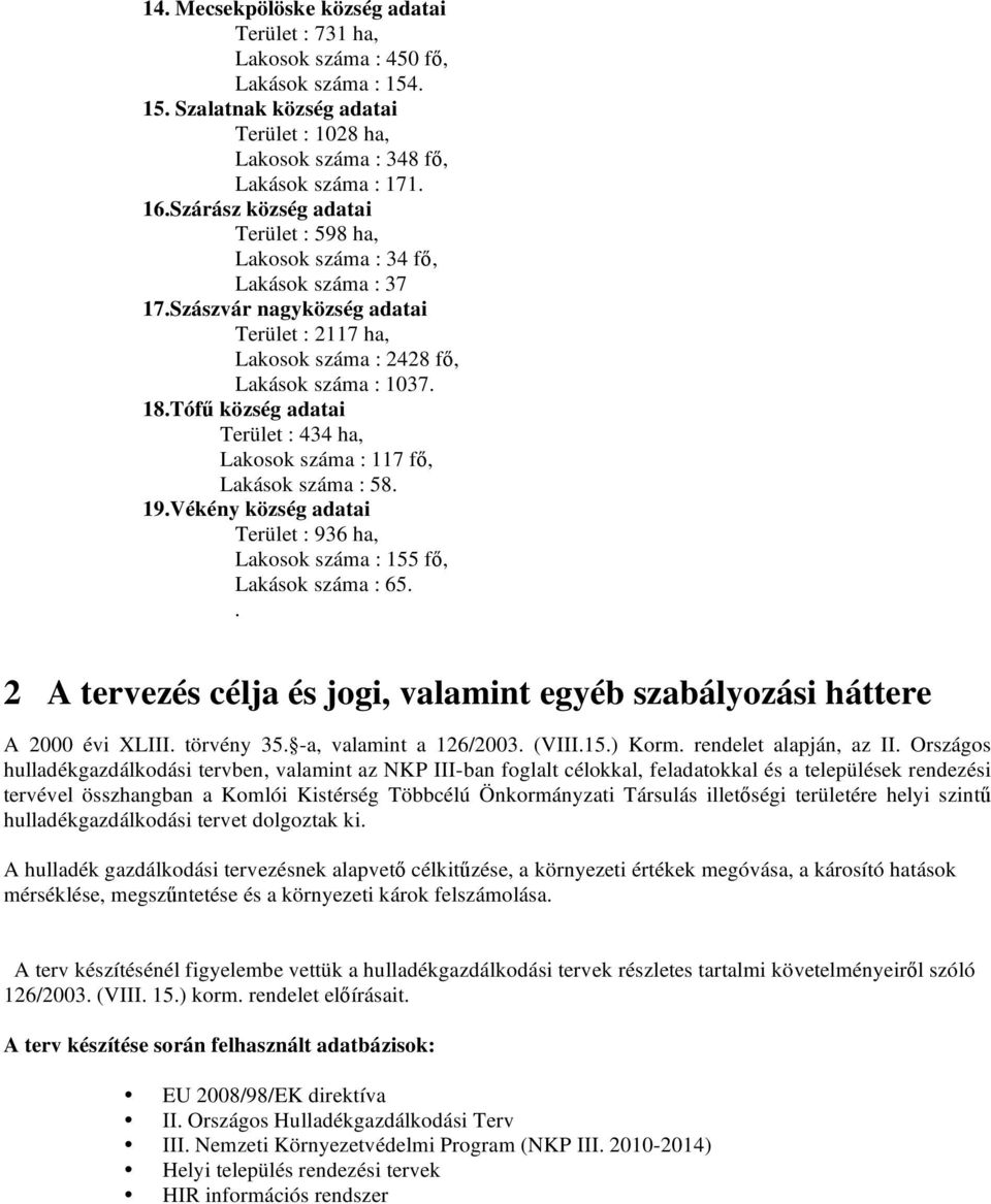 Tóf község adatai Terület : 434 ha, Lakosok száma : 117 f, Lakások száma : 58. 19.Vékény község adatai Terület : 936 ha, Lakosok száma : 155 f, Lakások száma : 65.