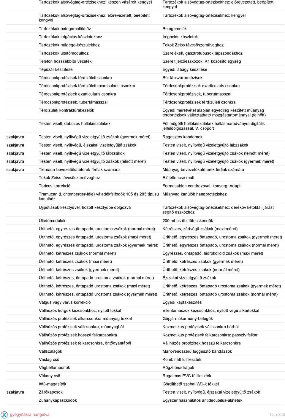 Térdcsonkprotézisek exarticularis csonkra Térdcsonkprotézisek, tubertámasszal Térdízületi kontraktúrakezelők Testen viselt, dobozos hallókészülékek Tartozékok alsóvégtag-ortézisekhez: előrevezetett,