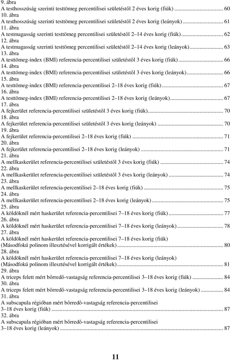 ábra A testtömeg-index (BMI) referencia-percentilisei születéstől 3 éves korig (fiúk)... 66 14. ábra A testtömeg-index (BMI) referencia-percentilisei születéstől 3 éves korig (leányok)... 66 15.