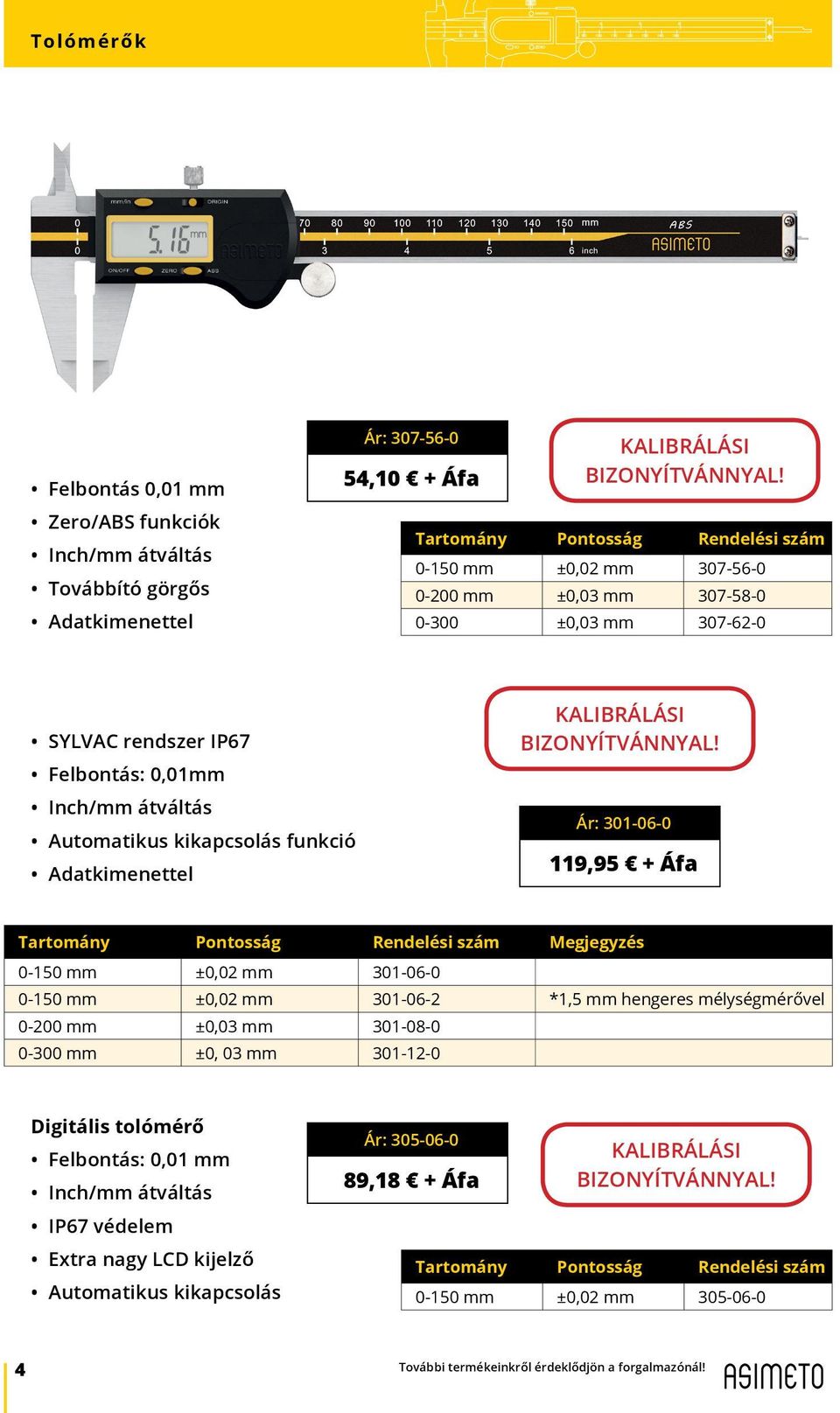 Pontosság Rendelési szám Megjegyzés 0-150 mm ±0,02 mm 301-06-0 0-150 mm ±0,02 mm 301-06-2 *1,5 mm hengeres mélységmérővel 0-200 mm ±0,03 mm 301-08-0 0-300 mm ±0, 03 mm 301-12-0 Digitális