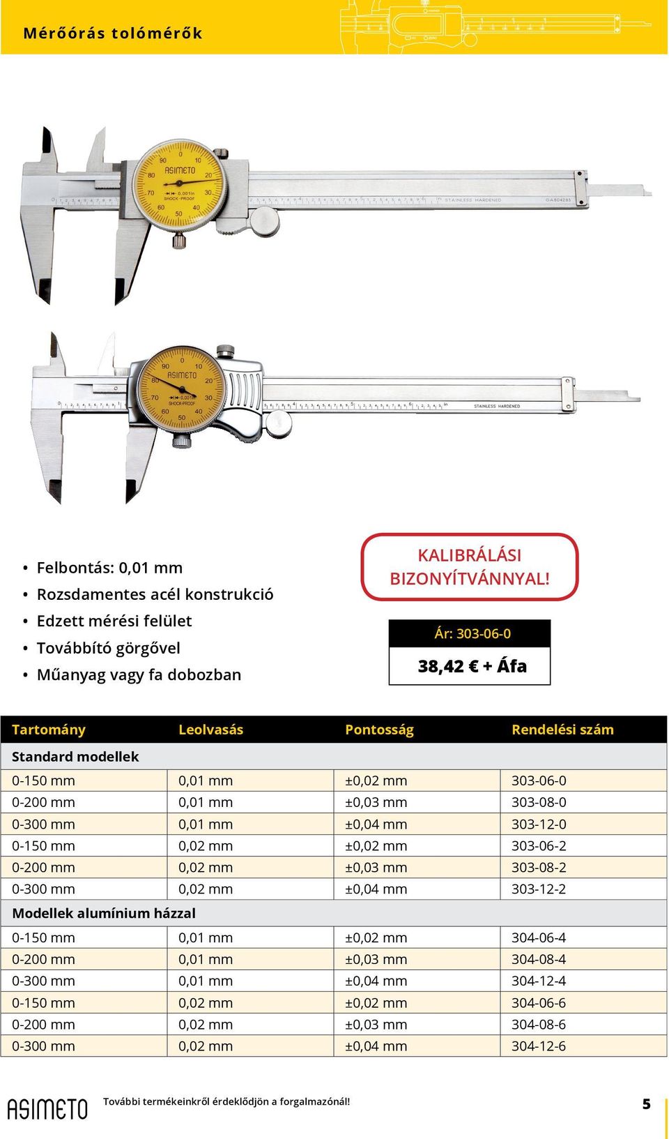 0-150 mm 0,02 mm ±0,02 mm 303-06-2 0-200 mm 0,02 mm ±0,03 mm 303-08-2 0-300 mm 0,02 mm ±0,04 mm 303-12-2 Modellek alumínium házzal 0-150 mm 0,01 mm ±0,02 mm 304-06-4