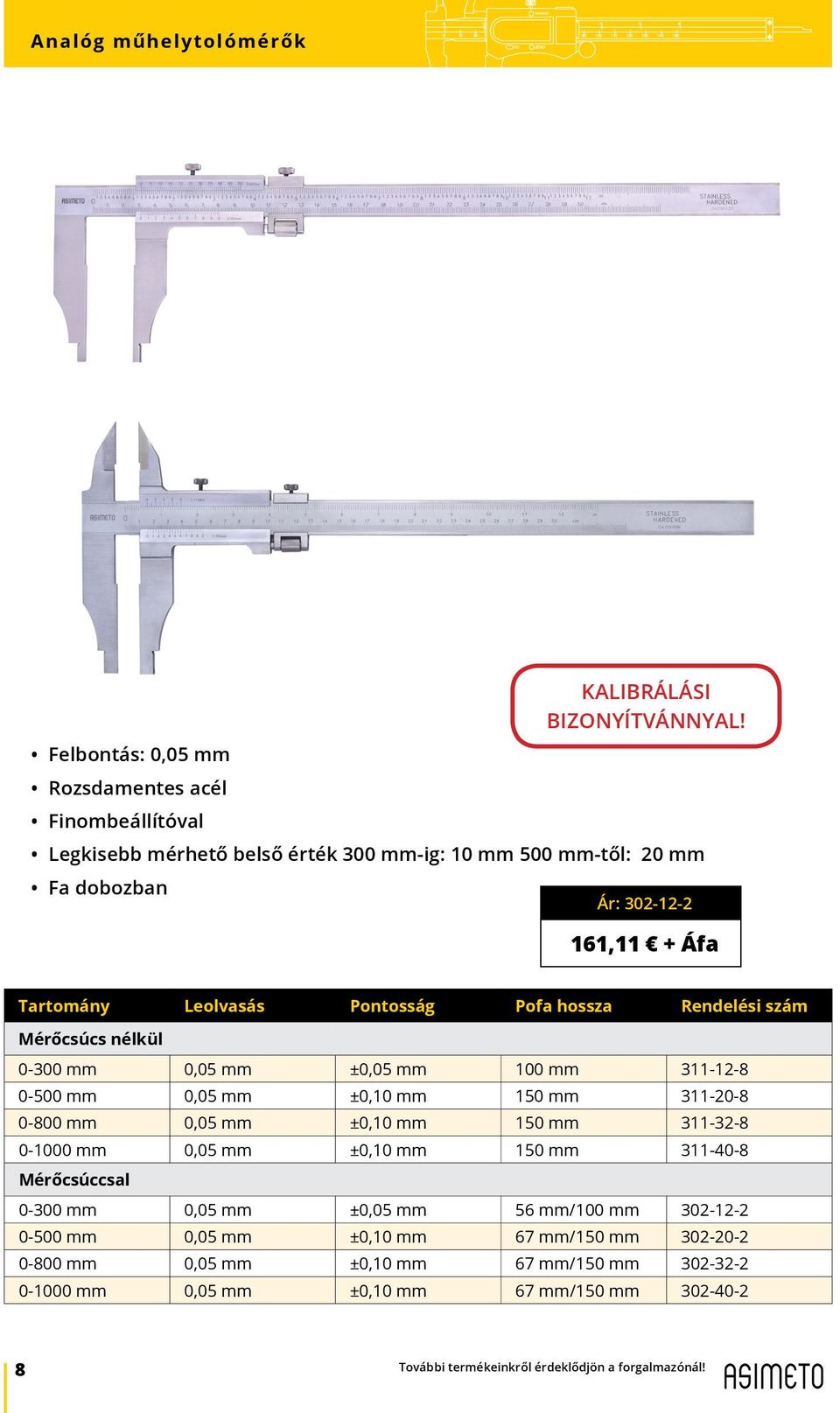 ±0,10 mm 150 mm 311-20-8 0-800 mm 0,05 mm ±0,10 mm 150 mm 311-32-8 0-1000 mm 0,05 mm ±0,10 mm 150 mm 311-40-8 Mérőcsúccsal 0-300 mm 0,05 mm ±0,05 mm 56