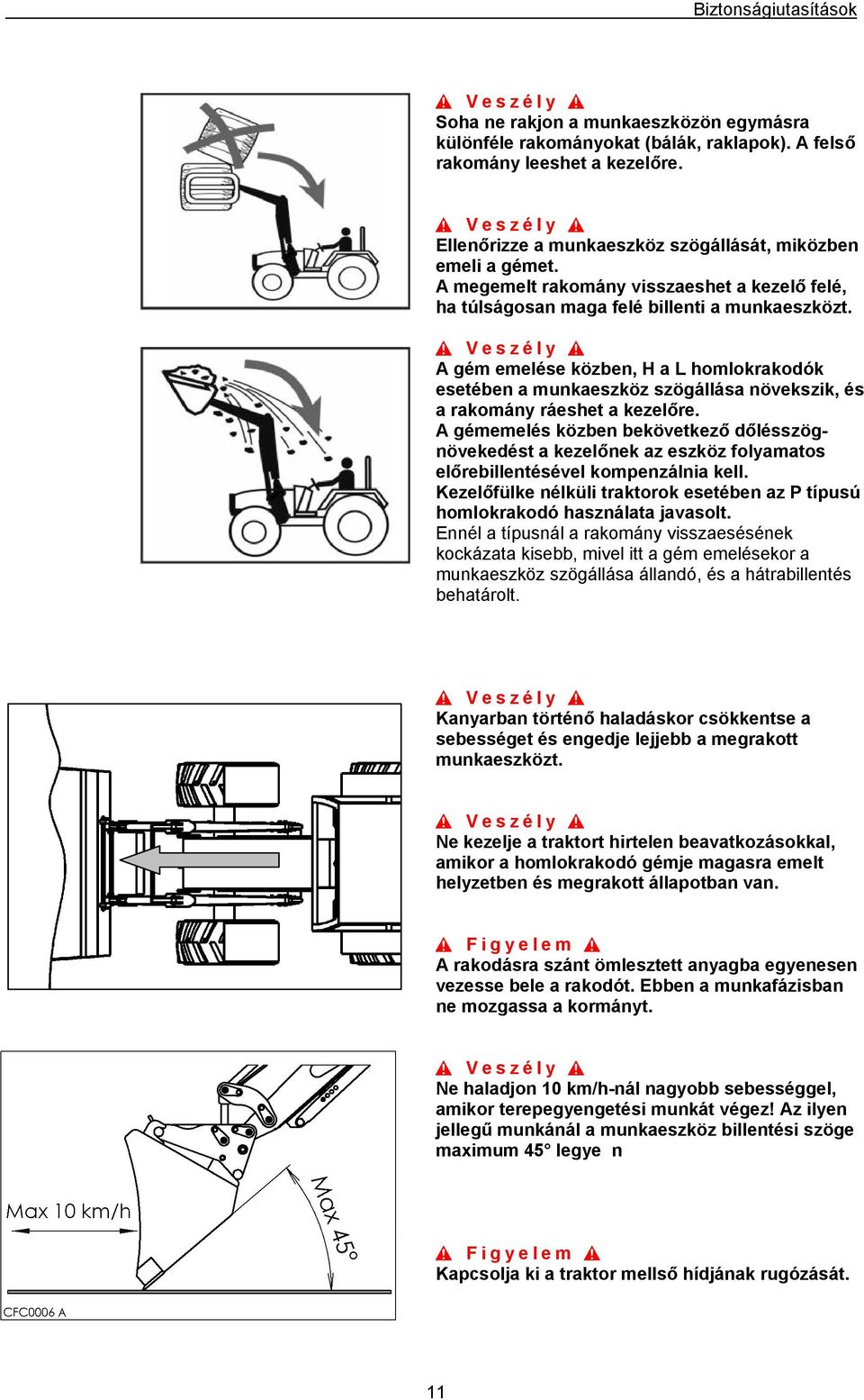 A gém emelése közben, H a L homlokrakodók esetében a munkaeszköz szögállása növekszik, és a rakomány ráeshet a kezelőre.