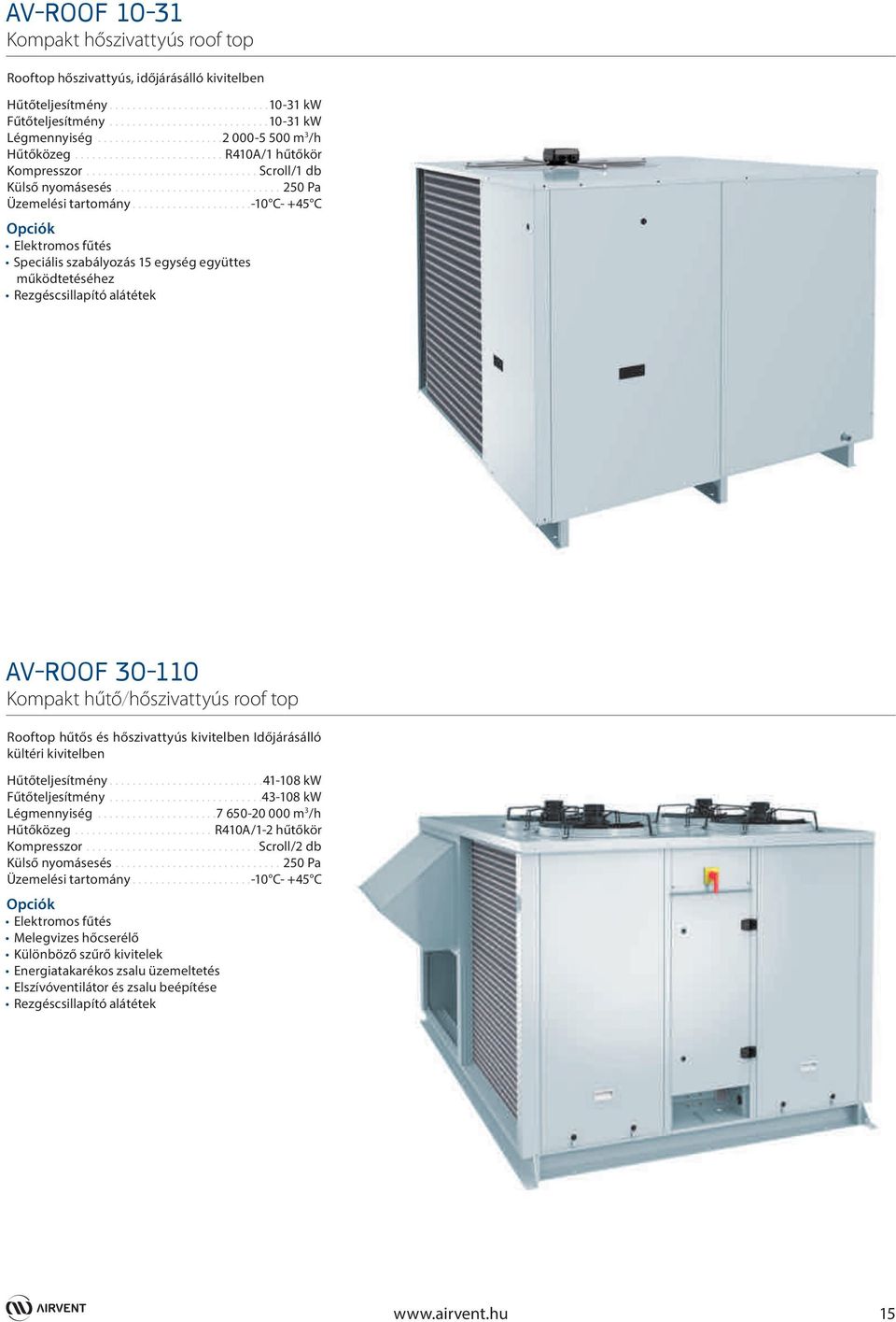 ....................-10 C- +45 C Elektromos fűtés Speciális szabályozás 15 egység együttes működtetéséhez Rezgéscsillapító alátétek AV-ROOF 30-110 Kompakt hűtő/hőszivattyús roof top Rooftop hűtős és