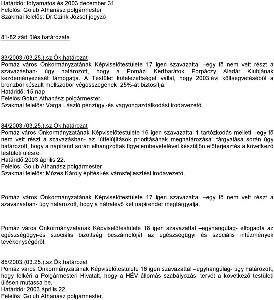 támogatja. A Testület kötelezettséget vállal, hogy 2003.évi költségvetésébıl a bronzból készült mellszobor végösszegének 25%-át biztosítja. Határidı: 15 nap Felelıs:Golub Athanász polgármester.