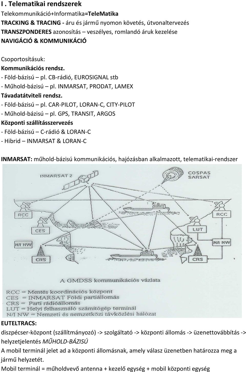 GPS, TRANSIT, ARGOS Központi szállításszervezés - Föld-bázisú C-rádió & LORAN-C - Hibrid INMARSAT & LORAN-C INMARSAT: műhold-bázisú kommunikációs, hajózásban alkalmazott, telematikai-rendszer