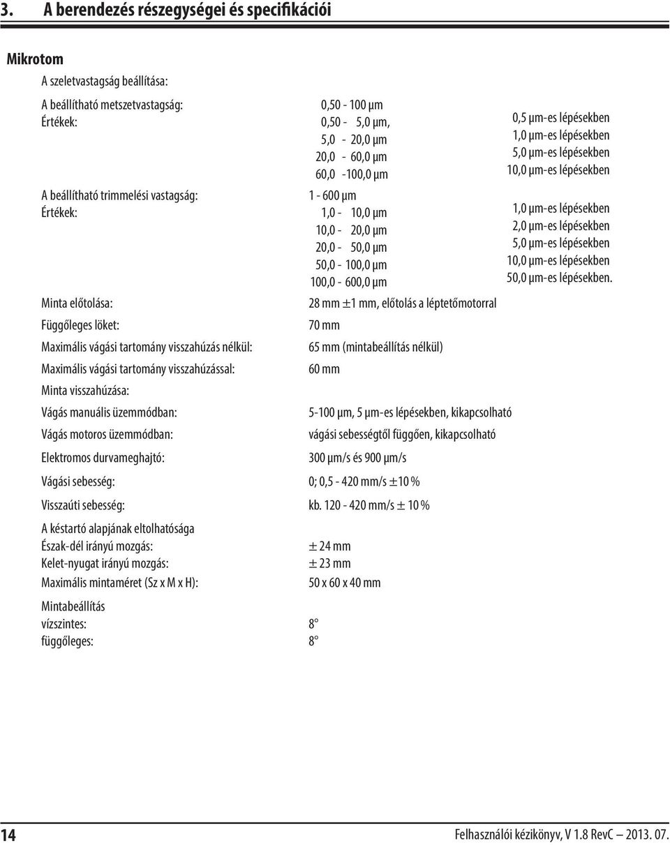 0,50-100 µm 0,50-5,0 µm, 5,0-20,0 μm 20,0-60,0 μm 60,0-100,0 µm 1-600 µm 1,0-10,0 μm 10,0-20,0 μm 20,0-50,0 μm 50,0-100,0 µm 100,0-600,0 µm 28 mm ±1 mm, előtolás a léptetőmotorral 70 mm 65 mm