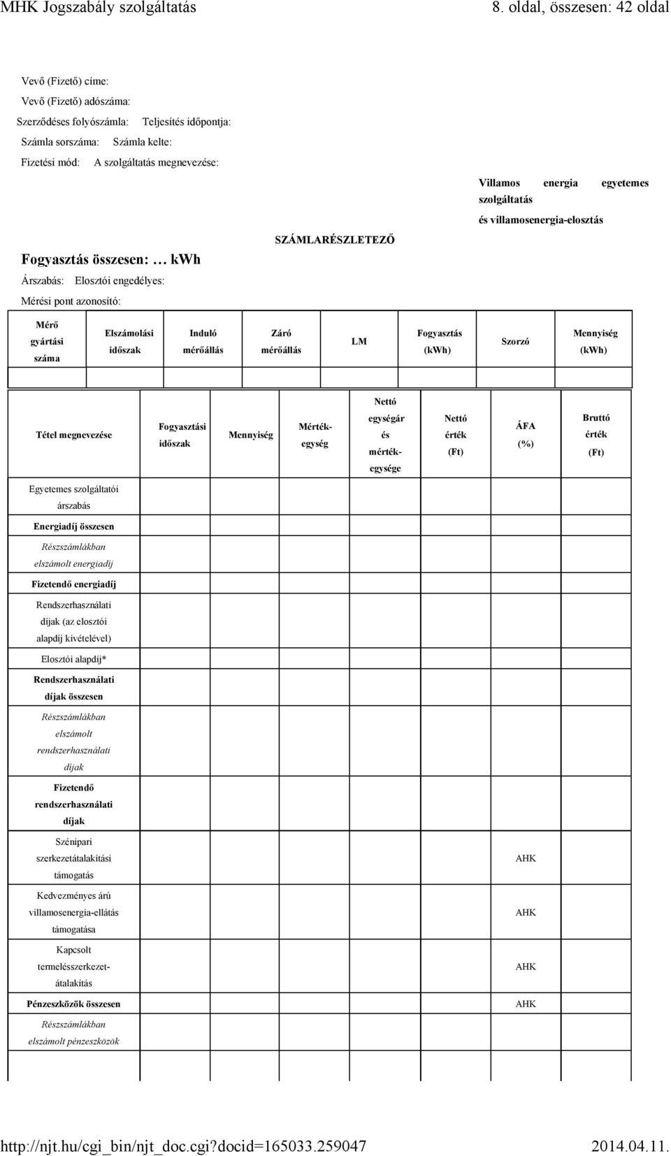 Induló mérőállás Záró mérőállás LM Fogyasztás (kwh) Szorzó Mennyiség (kwh) Tétel megnevezése Fogyasztási Mennyiség Mértékegység egységár és mérték- érték ÁFA (%) Bruttó érték egysége Egyetemes