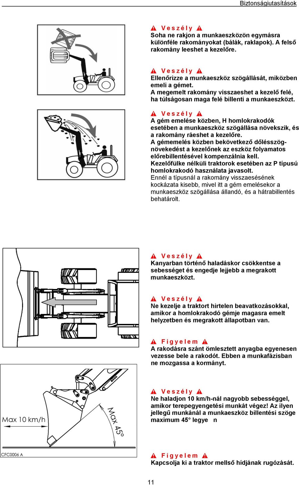 A gém emelése közben, H homlokrakodók esetében a munkaeszköz szögállása növekszik, és a rakomány ráeshet a kezelőre.
