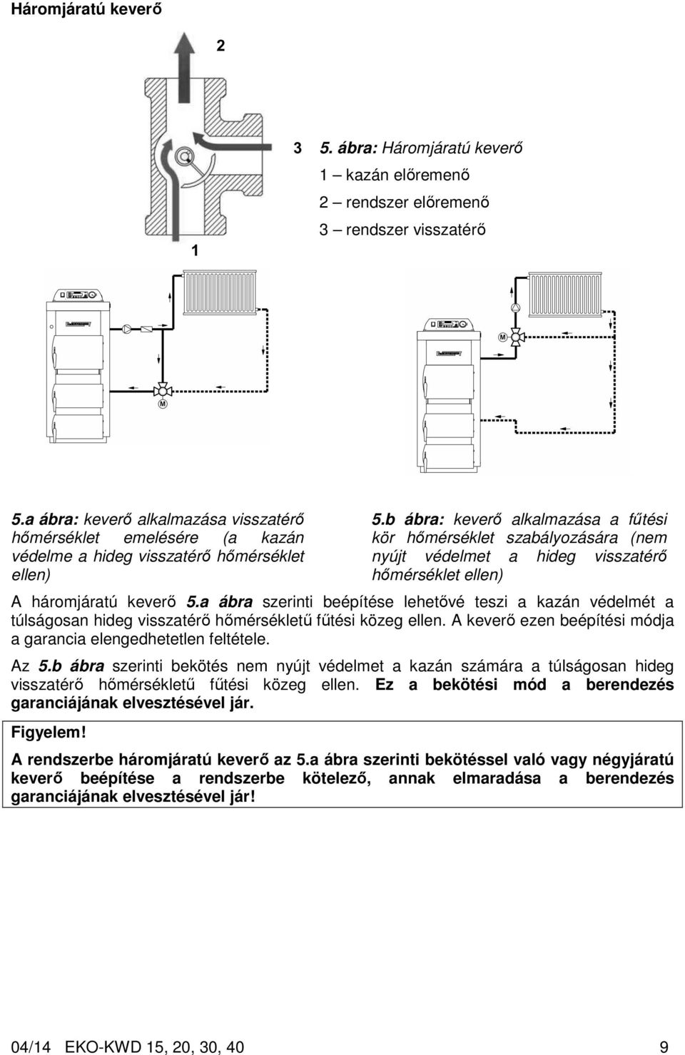 b ábra: keverő alkalmazása a fűtési kör hőmérséklet szabályozására (nem nyújt védelmet a hideg visszatérő hőmérséklet ellen) A háromjáratú keverő 5.