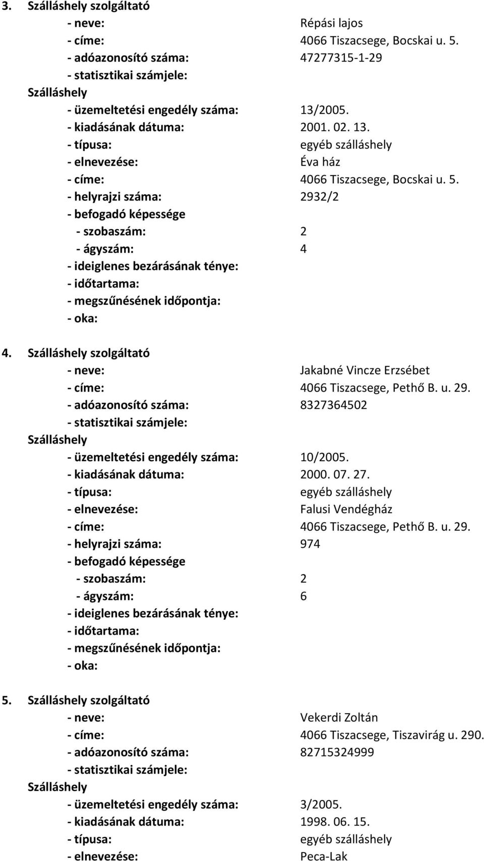 - helyrajzi száma: 2932/2 - ágyszám: 4 - neve: Jakabné Vincze Erzsébet - címe: 4066 Tiszacsege, Pethő B. u. 29. - adóazonosító száma: 8327364502 10/2005.