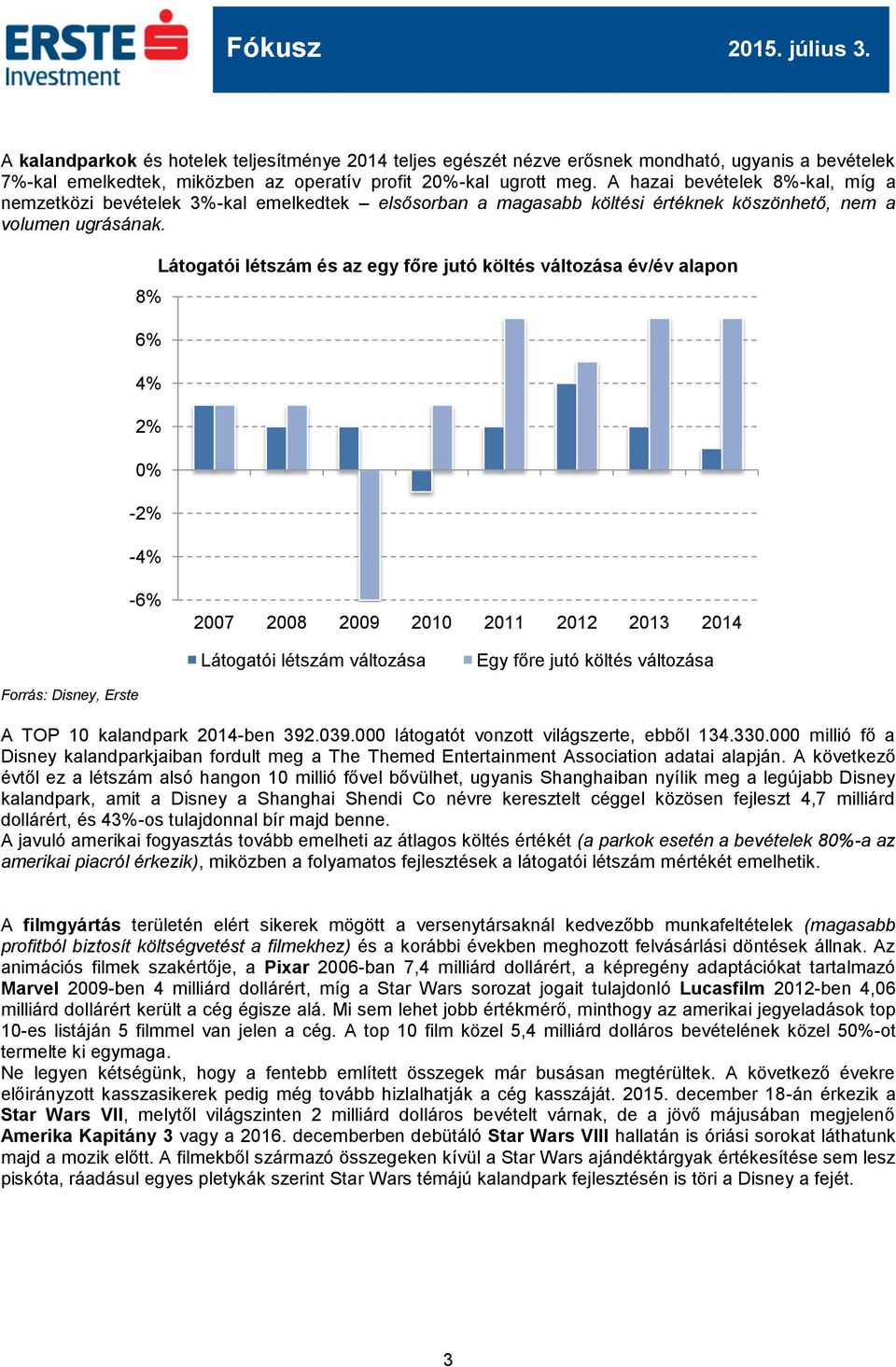 8% 6% 4% 2% 0% -2% -4% Látogatói létszám és az egy főre jutó költés változása év/év alapon -6% 2007 2008 2009 2010 2011 2012 2013 2014 Látogatói létszám változása Egy főre jutó költés változása