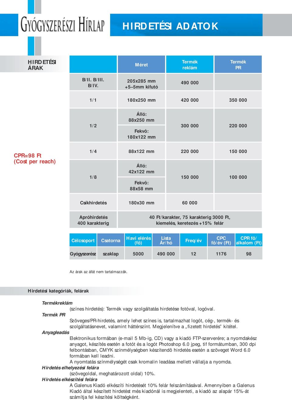 Fekvô: 88x58 mm 150 000 100 000 Csíkhirdetés 180x30 mm 60 000 Apróhirdetés 400 karakterig 40 Ft/karakter, 75 karakterig 3000 Ft, kiemelés, keretezés +15% felár Célcsoport Csatorna Havi elérés (fô)
