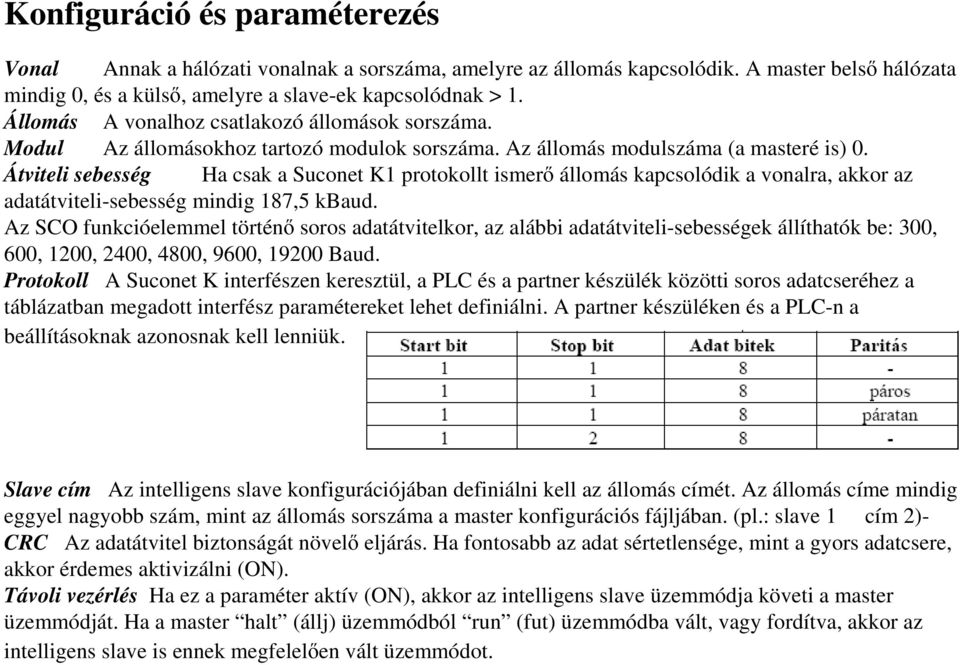 Átviteli sebesség Ha csak a Suconet K1 protokollt ismerı állomás kapcsolódik a vonalra, akkor az adatátviteli-sebesség mindig 187,5 kbaud.