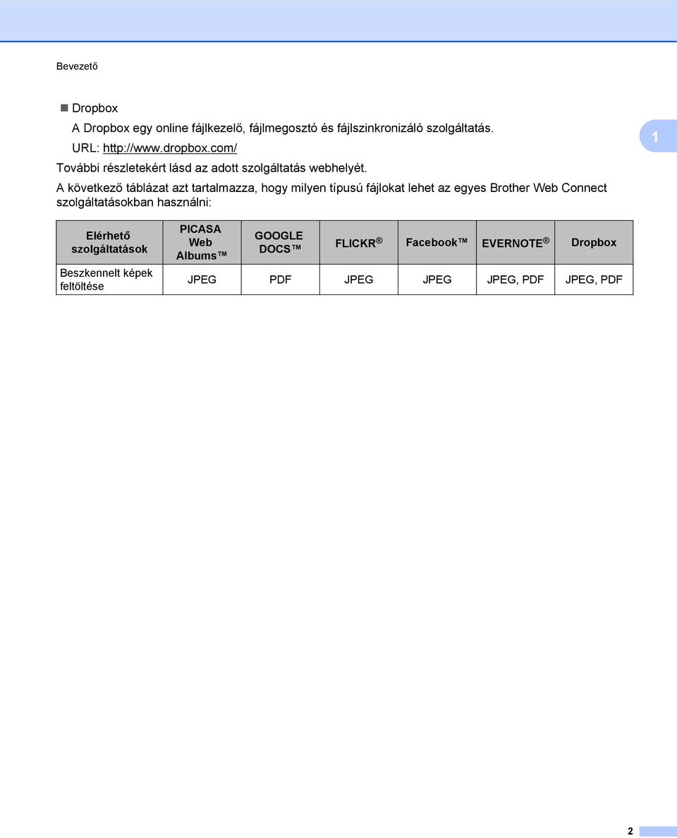 A következő táblázat azt tartalmazza, hogy milyen típusú fájlokat lehet az egyes Brother Web Connect