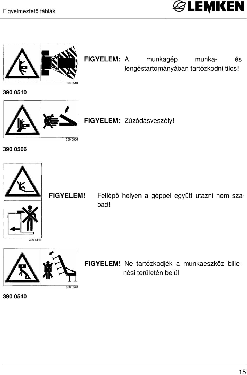 390 050 FIGYELEM: Zúzódásveszély! 390 0506 FIGYELEM!