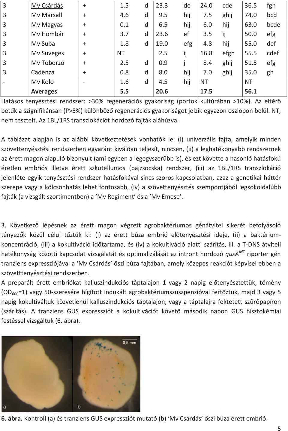 5 hij NT NT Averages 5.5 20.6 17.5 56.1 Hatásos tenyésztési rendszer: >30% regenerációs gyakoriság (portok kultúrában >10%).