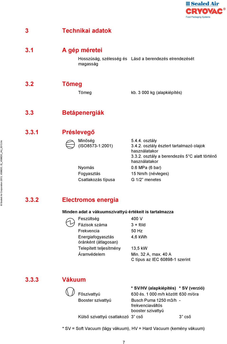 6 MPa (6 bar) 15 Nm/h (névleges) G 1/2 menetes Minden adat a vákuumszivattyú értékeit is tartalmazza Feszültség Fázisok száma Frekvencia Energiafogyasztás óránként (átlagosan) Telepített teljesítmény