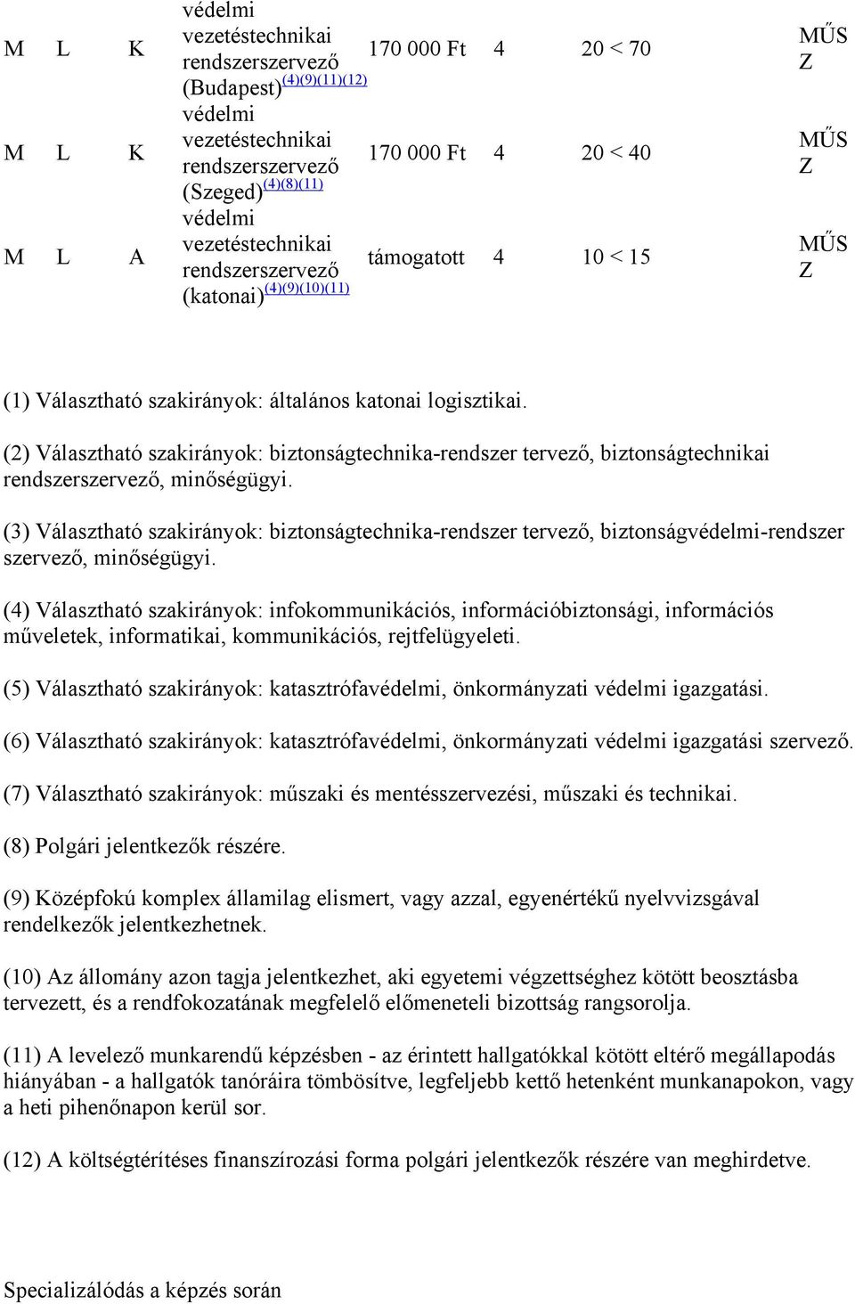 (2) Választható szakirányok: biztonságtechnika-rendszer tervező, biztonságtechnikai rendszerszervező, minőségügyi.