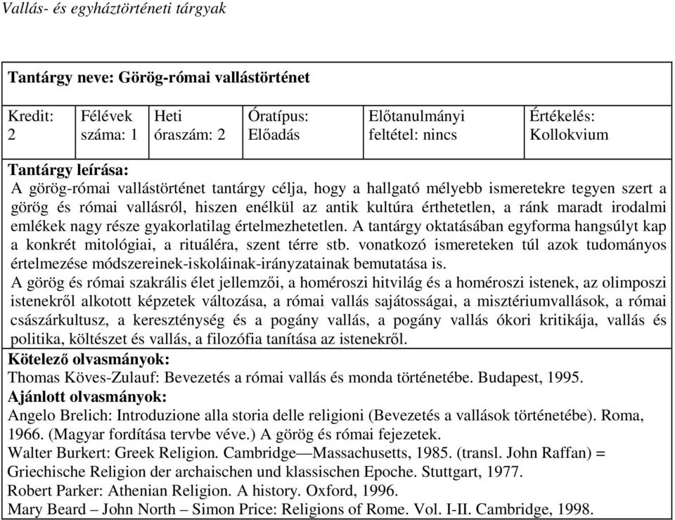 A tantárgy oktatásában egyforma hangsúlyt kap a konkrét mitológiai, a rituáléra, szent térre stb.