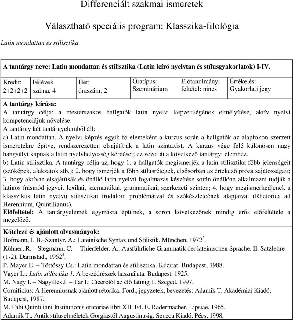 2+2+2+2 száma: 4 Szeminárium Gyakorlati jegy A tantárgy leírása: A tantárgy célja: a mesterszakos hallgatók latin nyelvi képzettségének elmélyítése, aktív nyelvi kompetenciájuk növelése.