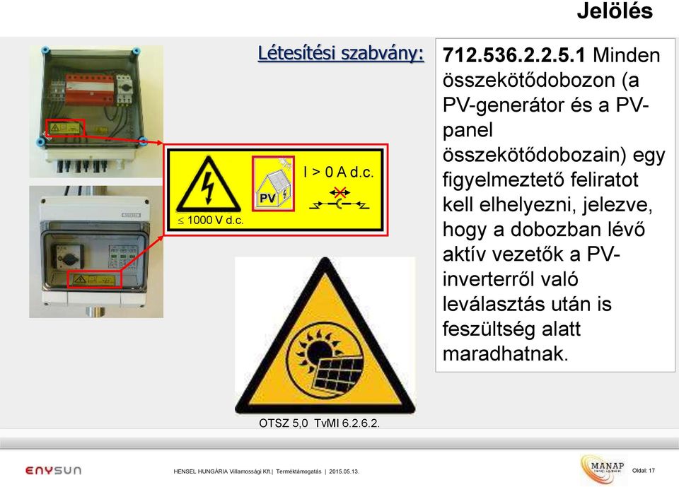 1 Minden összekötődobozon (a PV-generátor és a PVpanel összekötődobozain) egy