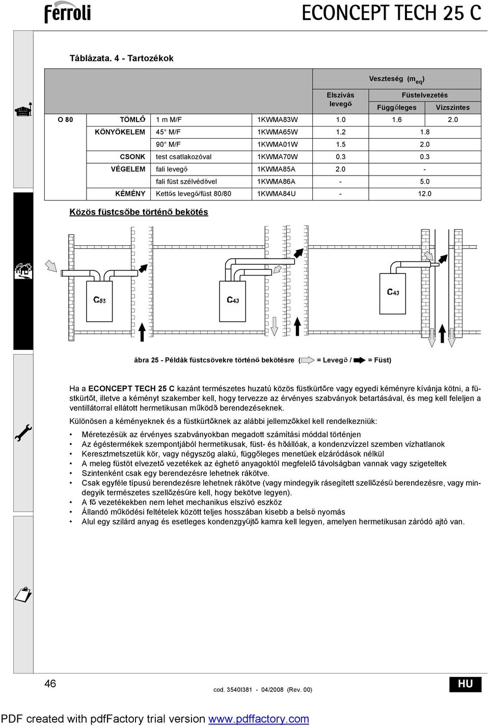 0 ábra 25 - Példák füstcsövekre történ bekötésre ( = Leveg / = Füst) Ha a ECONCEPT TECH 25 C kazánt természetes huzatú közös füstkürt re vagy egyedi kéményre kívánja kötni, a füstkürt t, illetve a