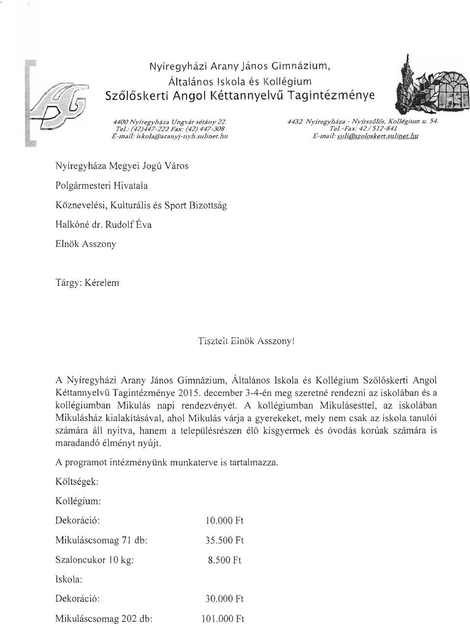 hu Nyíregyháza Megyei Jogú Város Polgármesteri Hivatala Köznevelési, Kulturális és Sport Bizottság Halkóné dr. Rudolf Éva Elnök Asszony Tárgy: Kérelem Tisztelt Elnök Asszony!