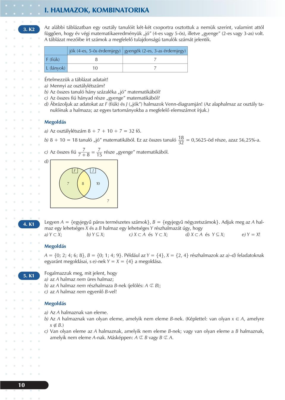 táblázat adatait! a) Menni az osztállétszám? b) Az összes tanuló hán százaléka jó matematikából? c) Az összes fiú hánad része genge matematikából?