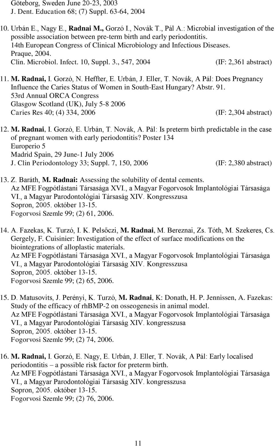 3., 547, 2004 (IF: 2,361 abstract) 11. M. Radnai, I. Gorzó, N. Heffter, E. Urbán, J. Eller, T. Novák, A Pál: Does Pregnancy Influence the Caries Status of Women in South-East Hungary? Abstr. 91.