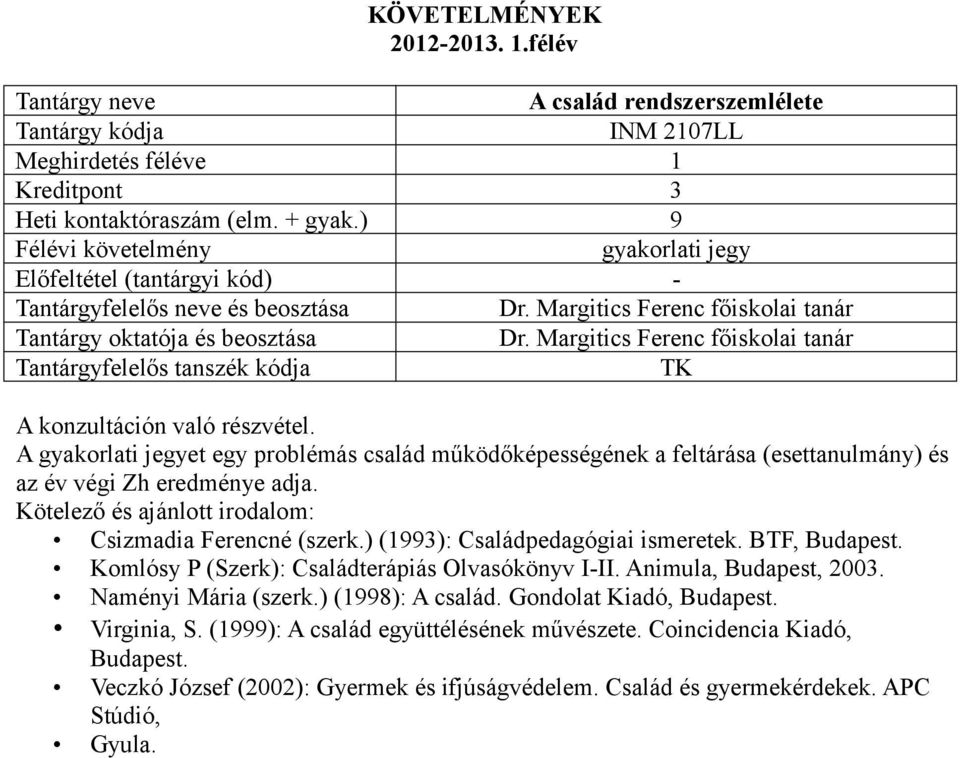 ) (1993): Családpedagógiai ismeretek. BTF, Budapest. Komlósy P (Szerk): Családterápiás Olvasókönyv I-II. Animula, Budapest, 2003. Naményi Mária (szerk.