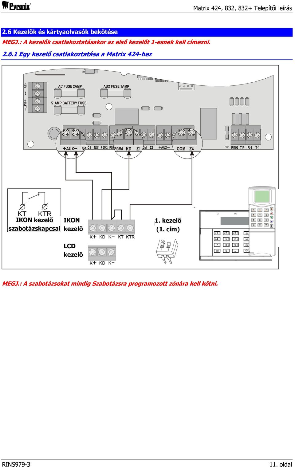 1 Egy kezelő csatlakoztatása a Matrix 424-hez KT KTR Tamper IKON terminals kezelő szabotázskapcsai of