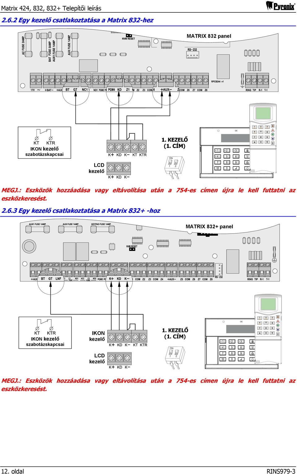 3 Egy kezelő csatlakoztatása a Matrix 832+ -hoz MATRIX 832+ panel OK IKON kezelő szabotázskapcsai IKON kezelő LCD kezelő 1.