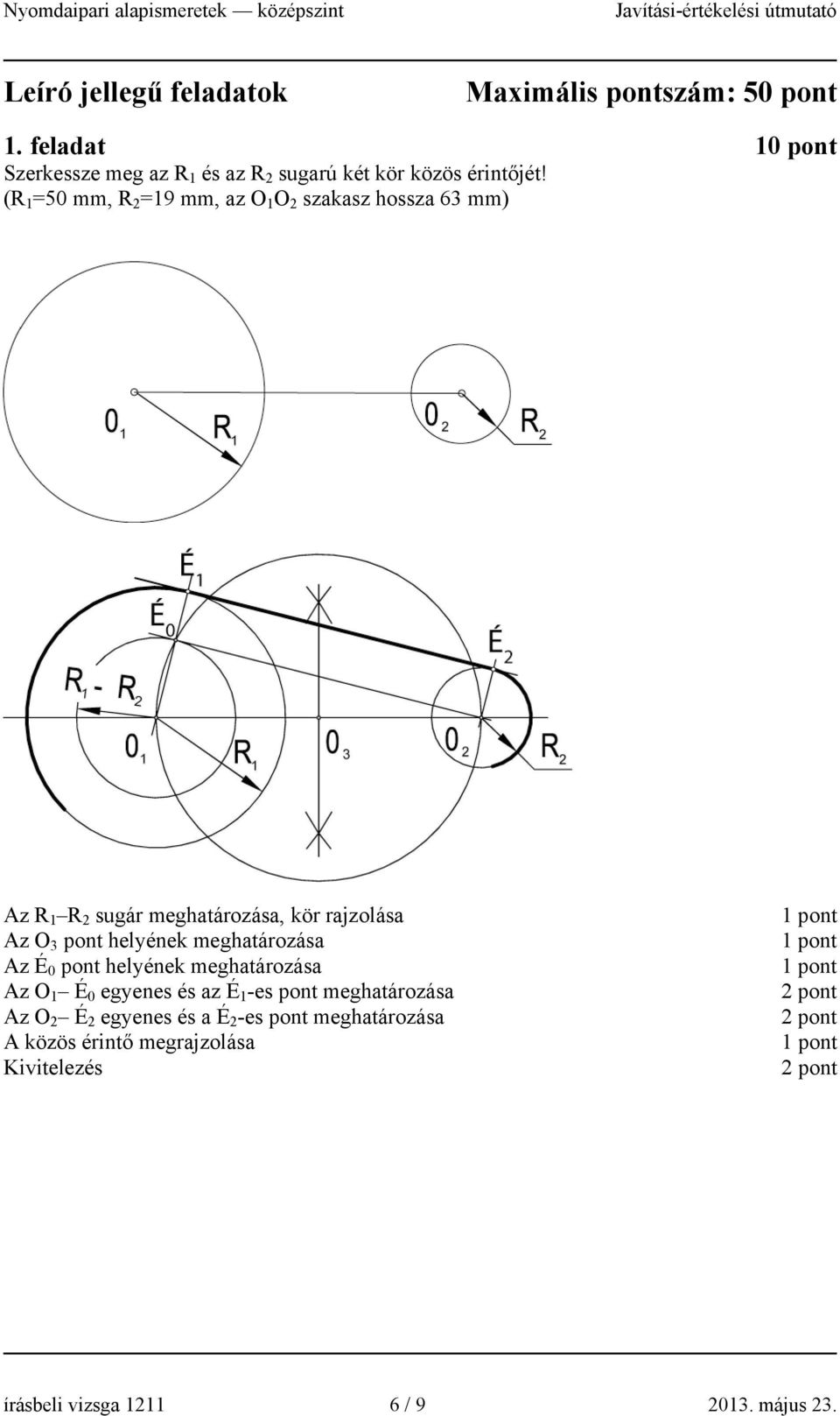 (R 1 =50 mm, R 2 =19 mm, az O 1 O 2 szakasz hossza 63 mm) Az R 1 R 2 sugár meghatározása, kör rajzolása Az O 3 pont