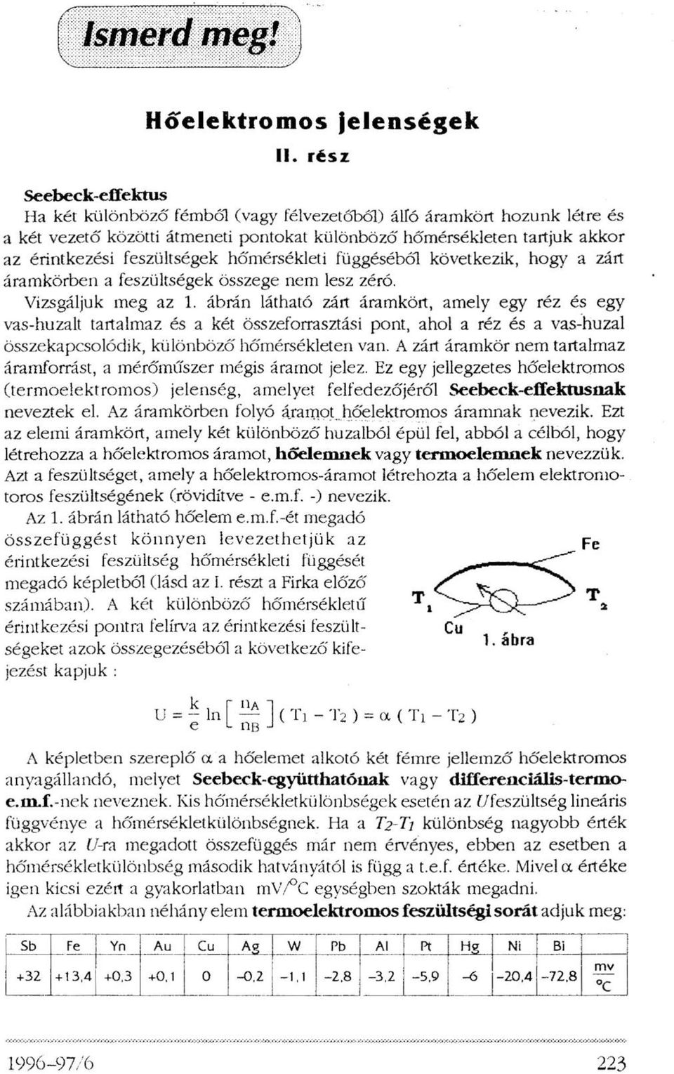 feszültségek hőmérsékleti függéséből következik, hogy a zárt áramkörben a feszültségek összege nem lesz zéró. Vizsgáljuk meg az 1.