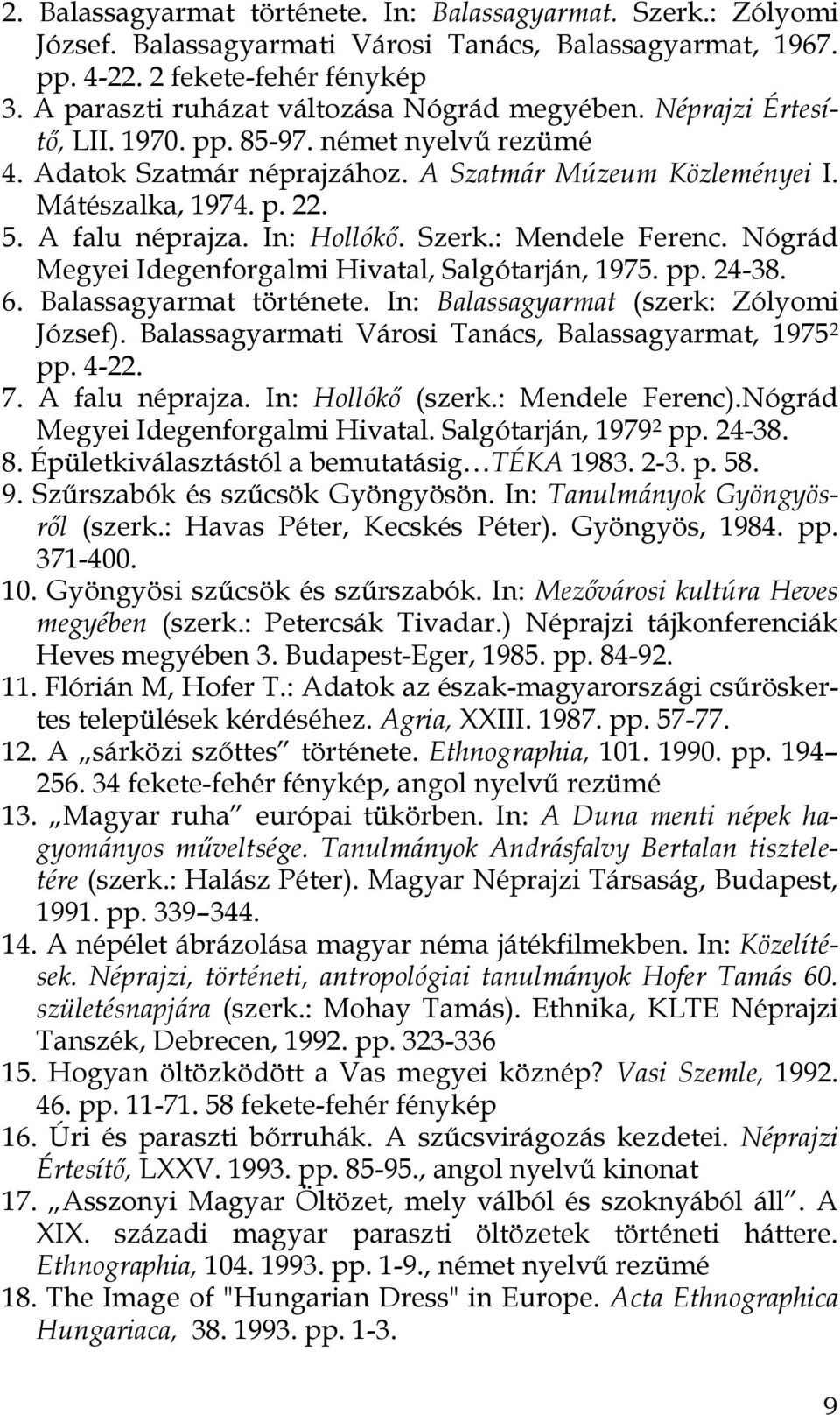 A falu néprajza. In: Hollókő. Szerk.: Mendele Ferenc. Nógrád Megyei Idegenforgalmi Hivatal, Salgótarján, 1975. pp. 24-38. 6. Balassagyarmat története. In: Balassagyarmat (szerk: Zólyomi József).