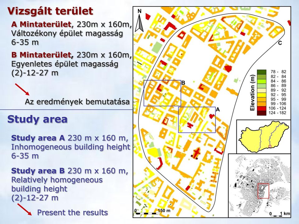 bemutatása Study area Study area A 230 m x 160 m, Inhomogeneous building height 6-35 m