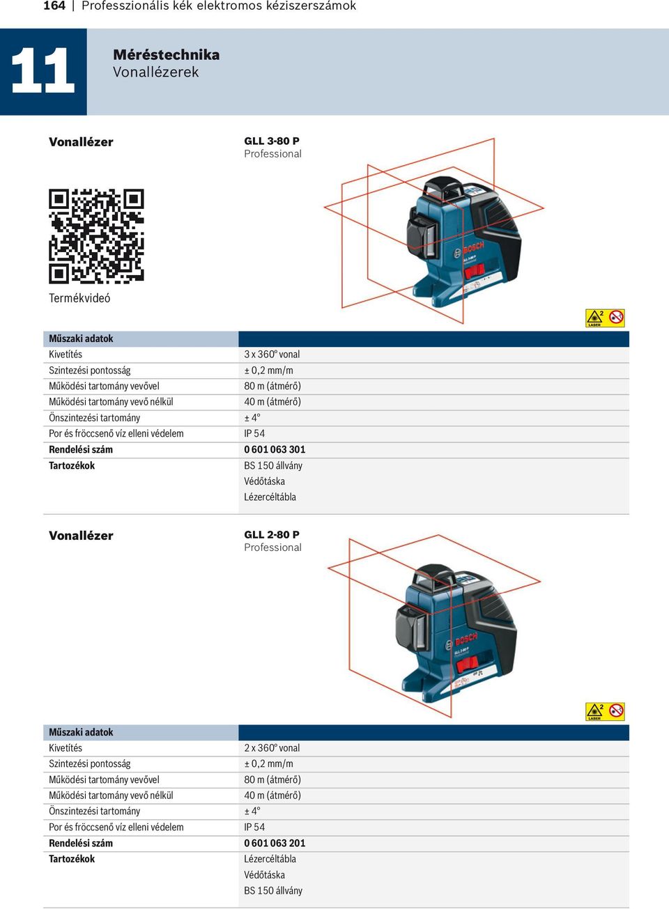 Tartozékok BS 150 állvány Védőtáska Lézercéltábla Vonallézer GLL 2-80 P Kivetítés 2 x 360 vonal Szintezési pontosság ± 0,2 mm/m Működési tartomány vevővel 80 m (átmérő)