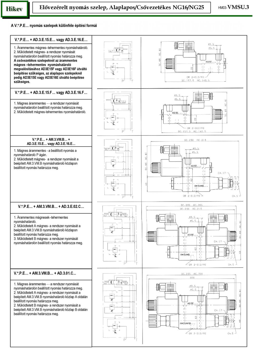 alaplapos eknél pedig AD3E15E vagy AD3E16E útváltó beépítése szükséges. V..P.E + AD.3.E.15.F vagy AD.3.E.16.F 1. Mágnes árammentes - - a rendszer nyomását nyomáshatárolón 2.