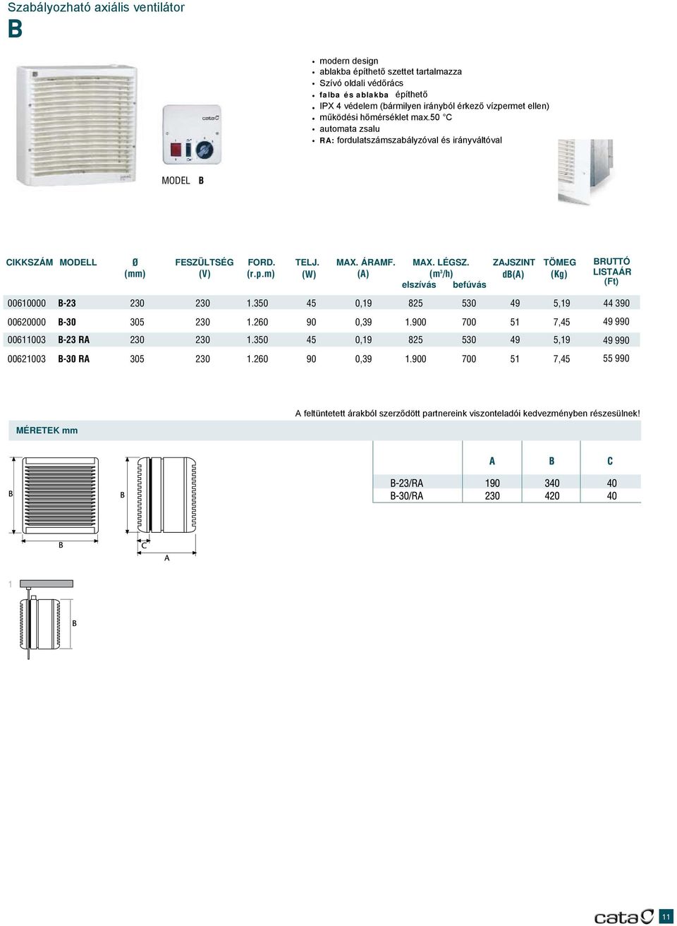 TELJ. MAX. ÁRAMF. MAX. LÉGSZ. ZAJSZINT (mm) (V) (r.p.m) (W) (A) (m 3 /h) db(a) elszívás befúvás 00600 B-23 230 230 1.