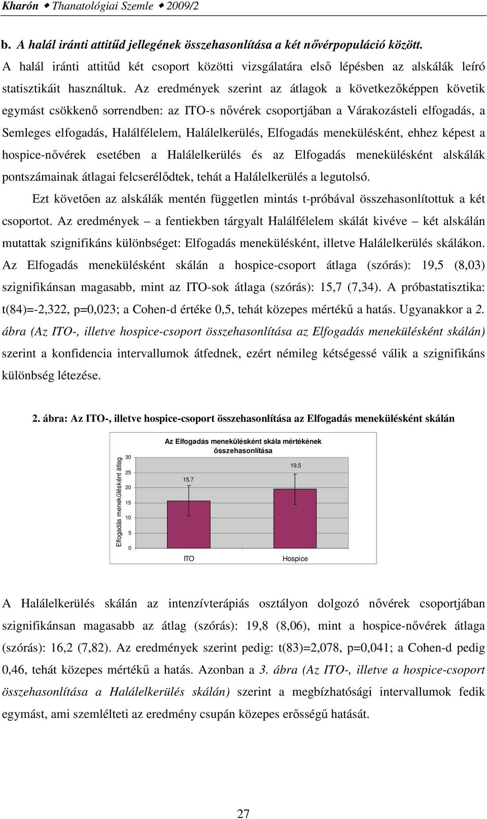 Az eredmények szerint az átlagok a következıképpen követik egymást csökkenı sorrendben: az ITO-s nıvérek csoportjában a Várakozásteli elfogadás, a Semleges elfogadás, Halálfélelem, Halálelkerülés,