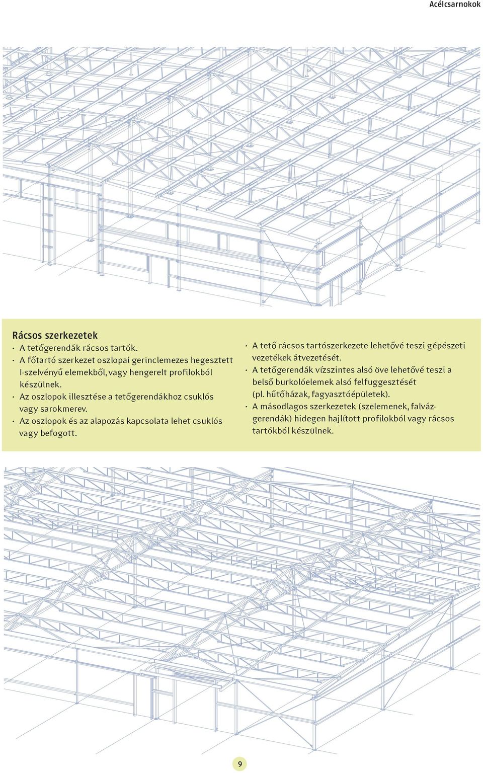 Az oszlopok illesztése a tetőgerendákhoz csuklós vagy sarokmerev. Az oszlopok és az alapozás kapcsolata lehet csuklós vagy befogott.