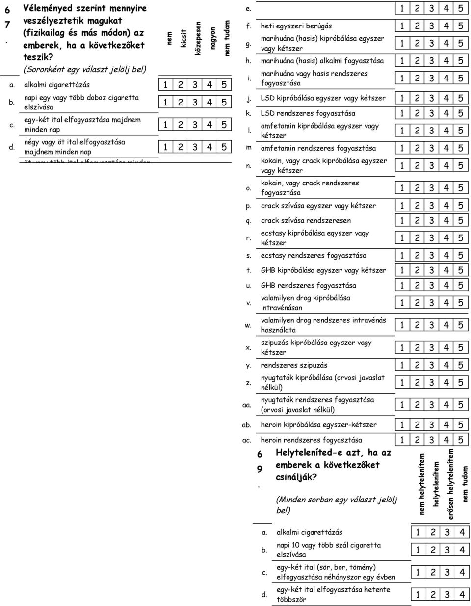 minden nap öt vagy több ital elfogyasztása minden nem kicsit közepesen nagyon nem tudom e 2 3 4 5 f heti egyszeri berúgás 2 3 4 5 marihuána (hasis) kipróbálása egyszer g 2 3 4 5 vagy kétszer h