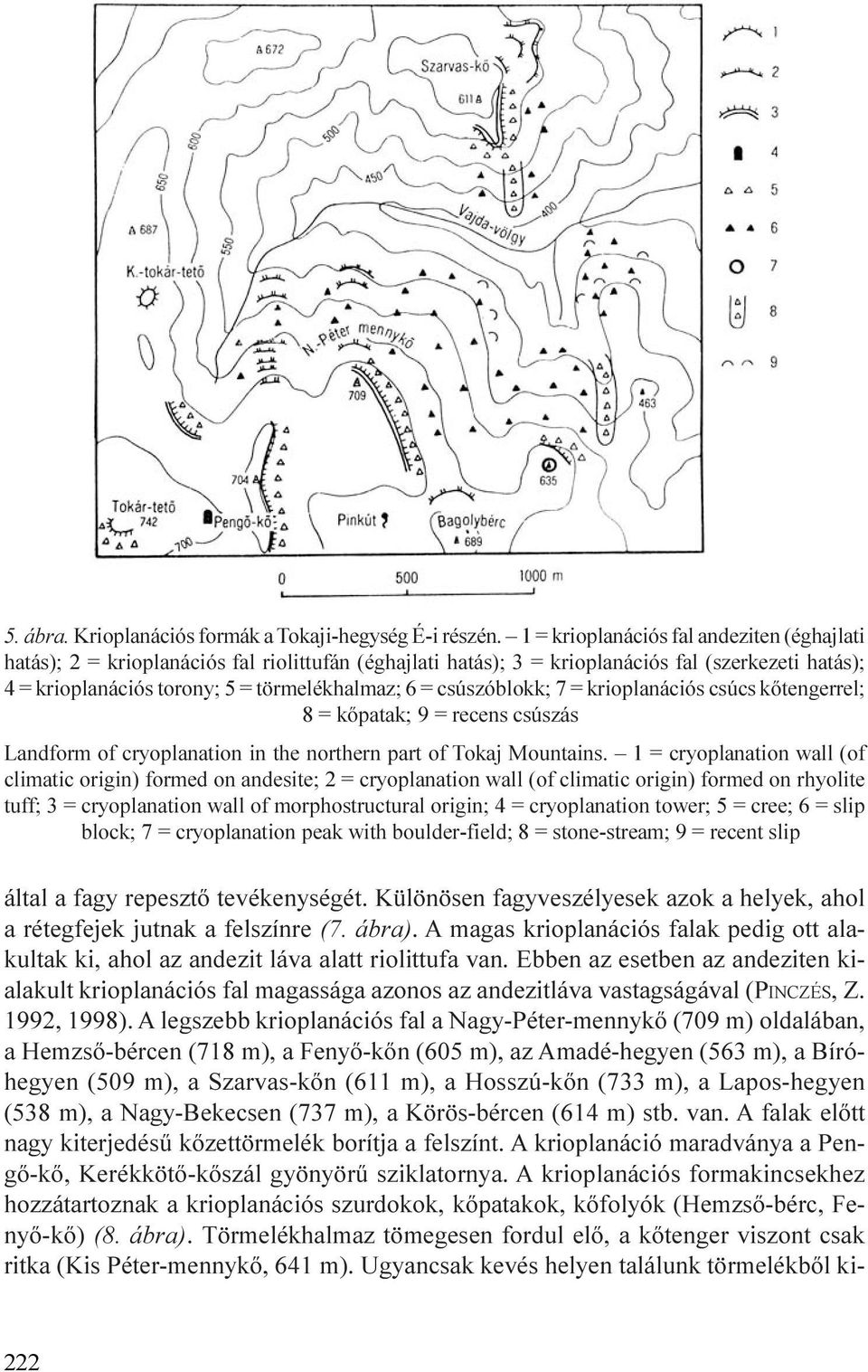 csúszóblokk; 7 = krioplanációs csúcs kõtengerrel; 8 = kõpatak; 9 = recens csúszás Landform of cryoplanation in the northern part of Tokaj Mountains.