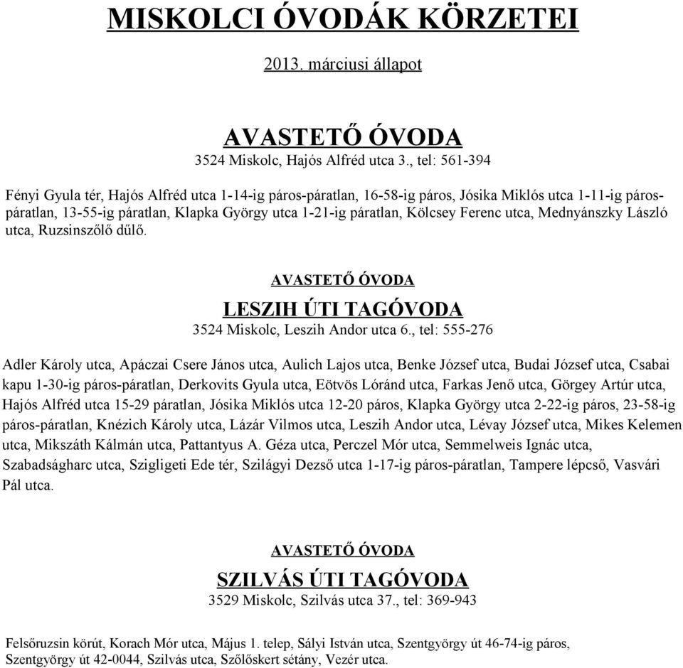 Ferenc utca, Mednyánszky László utca, Ruzsinszőlő dűlő. AVASTETŐ ÓVODA LESZIH ÚTI TAGÓVODA 3524 Miskolc, Leszih Andor utca 6.