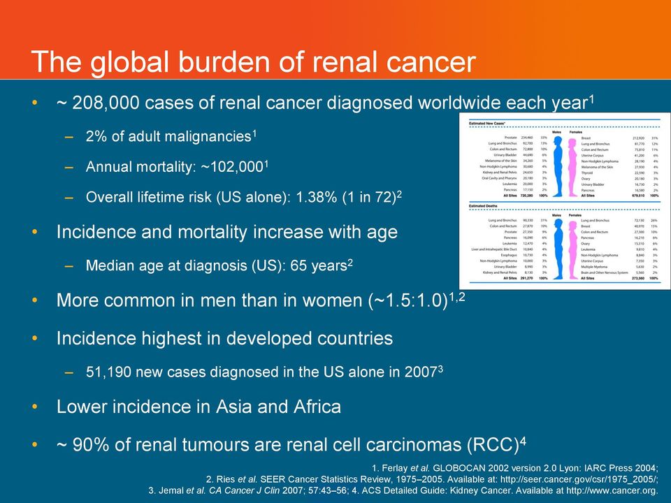 0) 1,2 Incidence highest in developed countries 51,190 new cases diagnosed in the US alone in 2007 3 Lower incidence in Asia and Africa ~ 90% of renal tumours are renal cell carcinomas (RCC) 4 1.