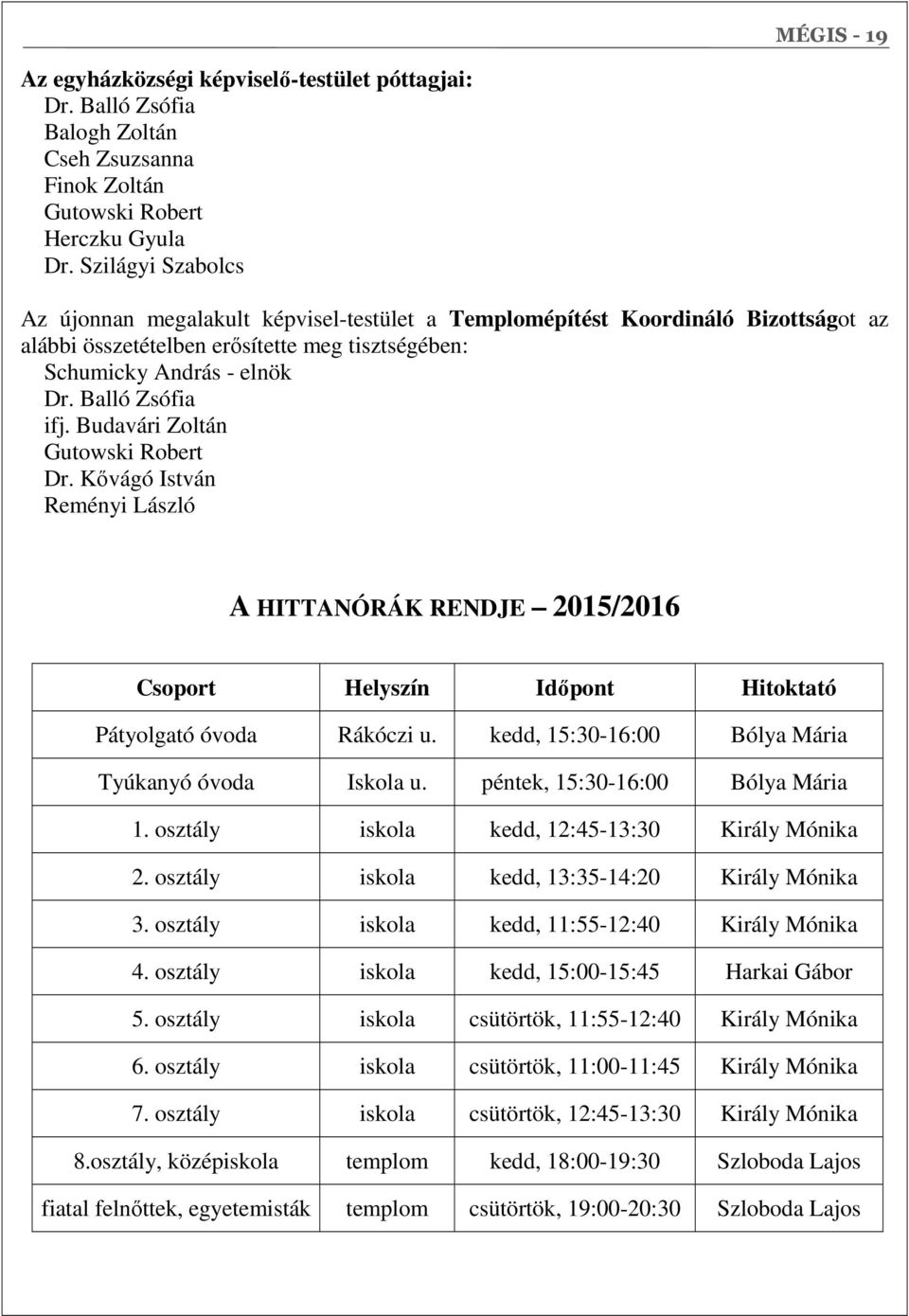 Budavári Zoltán Gutowski Robert Dr. Kővágó István Reményi László A HITTANÓRÁK RENDJE 2015/2016 Csoport Helyszín Időpont Hitoktató Pátyolgató óvoda Rákóczi u.