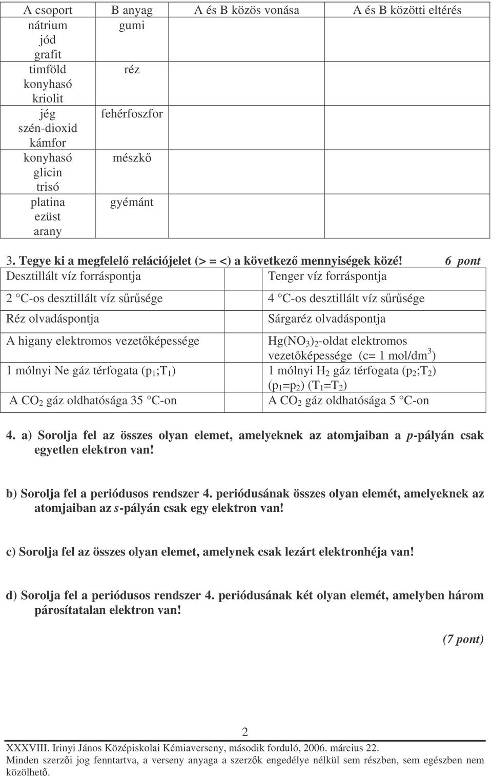 6 pont Desztillált víz forráspontja Tenger víz forráspontja 2 C-os desztillált víz srsége 4 C-os desztillált víz srsége Réz olvadáspontja Sárgaréz olvadáspontja A higany elektromos vezetképessége