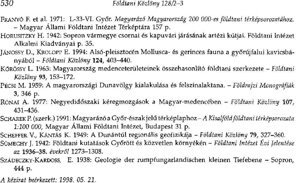 1994: Alsó-pleisztocén Mollusca- és gerinces fauna a győrújfalui kavicsbányából - Földtani Közlöny 124, 403-440. KŐRÖSSY L.